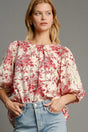 Umgee Floral Pleated Detail Lace Trim Sleeve Blouse | Hanalas