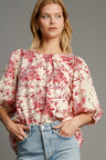 Umgee Floral Pleated Detail Lace Trim Sleeve Blouse | Hanalas