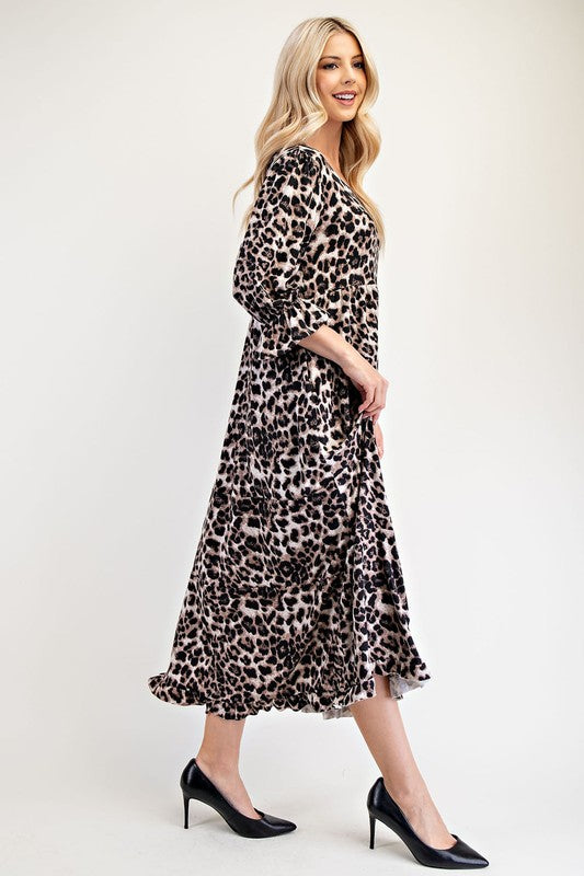 Celeste Full Size Leopard Round Neck Flounce Sleeve Dress | Hanalas