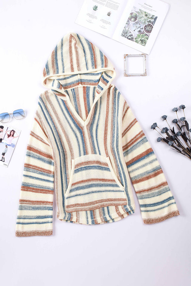 Contrast Striped Dropped Shoulder Hooded Knit Top | Hanalas