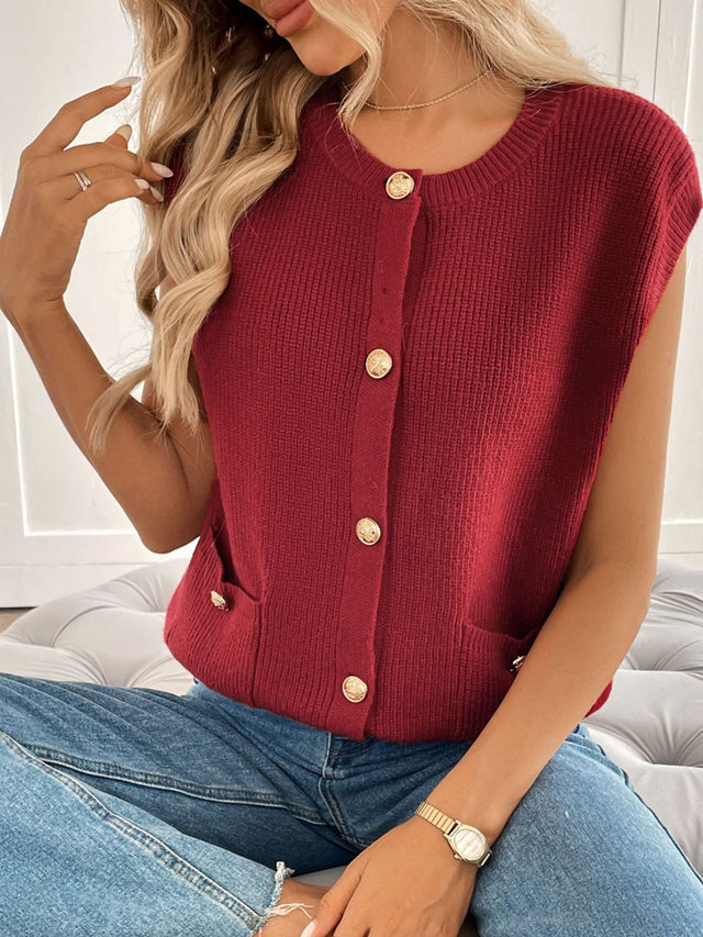 Perfee Pocketed Round Neck Cap Sleeve Cardigan | Hanalas