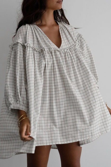 Frill Plaid Notched Balloon Sleeve Mini Dress | Hanalas