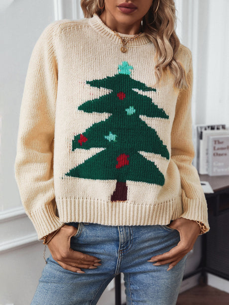 Christmas Tree Round Neck Raglan Sleeve Sweater | Hanalas