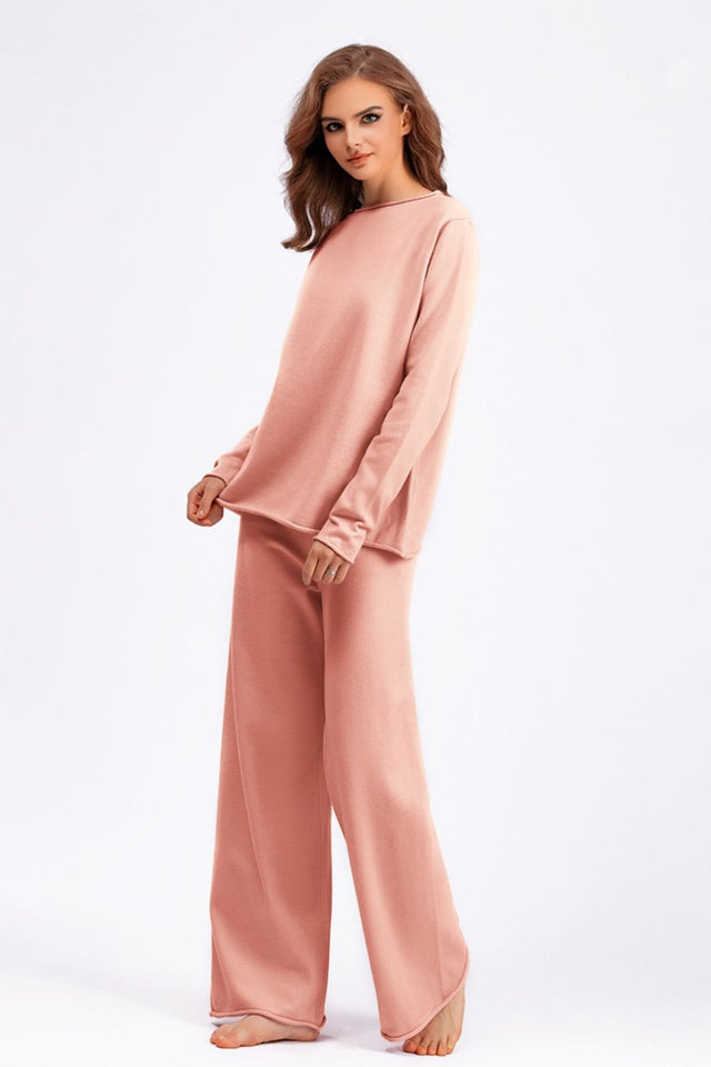 Basic Bae Rolled Round Neck Top and Pants Sweater Set Trendsi Hanalas