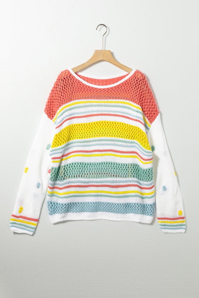 Hollow Striped Color Block Round Neck Sweater | Hanalas