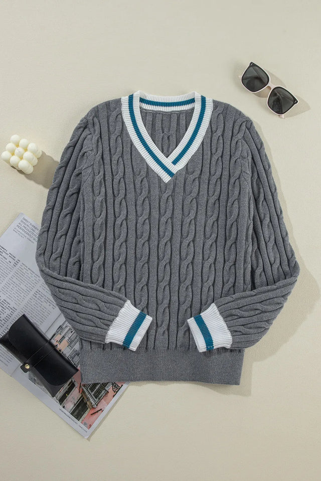 Cable-Knit V-Neck Long Sleeve Sweater Trendsi Hanalas