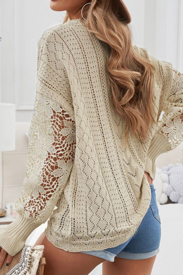 Openwork Round Neck Long Sleeve Sweater | Hanalas