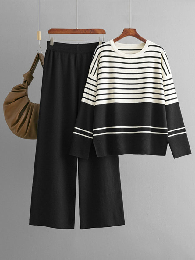 Basic Bae Striped Round Neck Long Sleeve Top and Pants Sweater Set Trendsi Hanalas