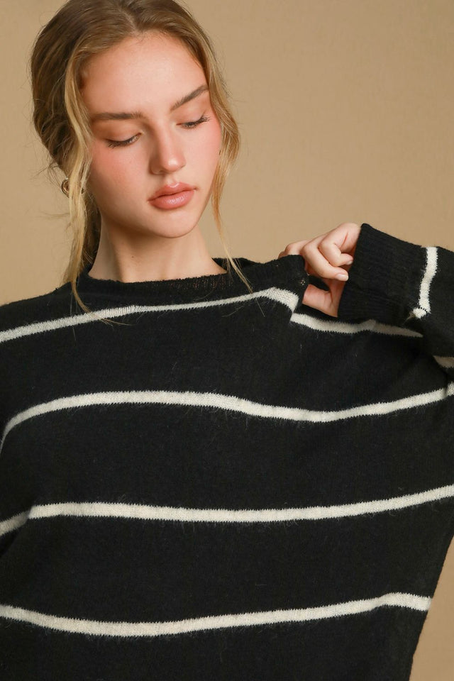 Umgee Wool Blend Striped Round Neck Sweater | Hanalas