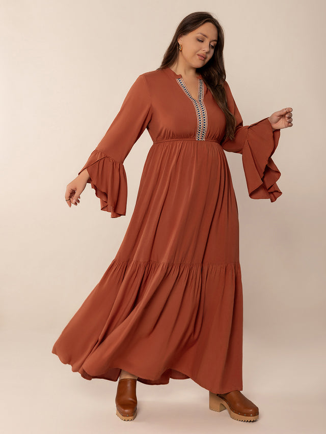 Plus Size Ruffled Notched Long Sleeve Midi Dress Trendsi Hanalas