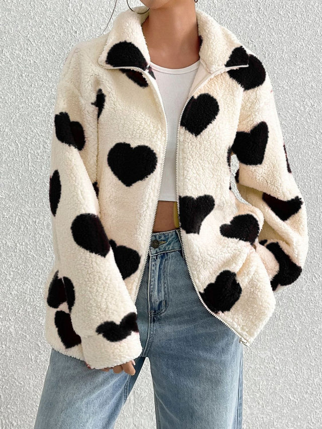 Heart Zip Up Drop Shoulder Furry Jacket | Hanalas