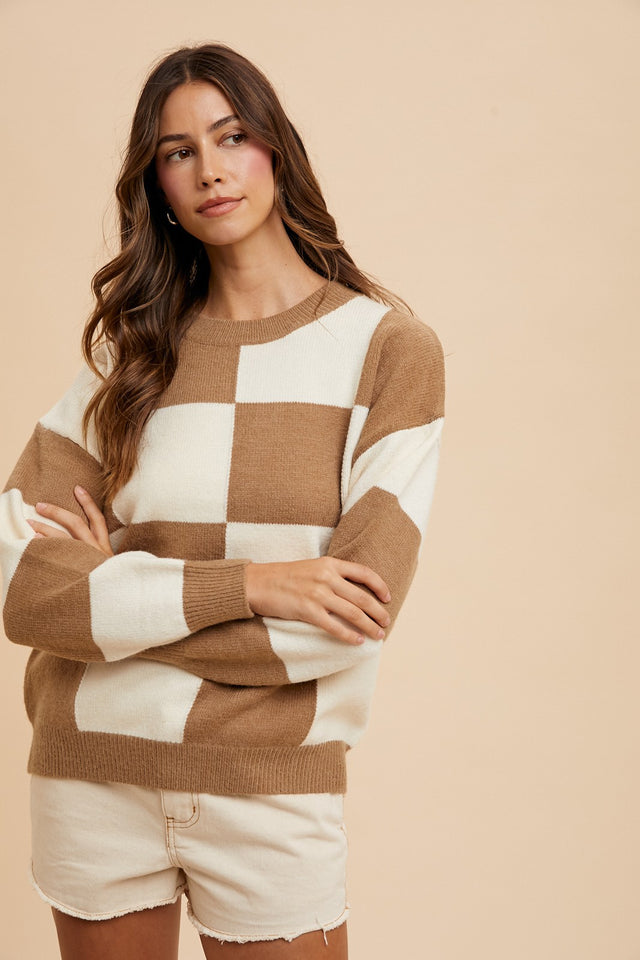 Annie Wear Checkered Round Neck Dropped Shoulder Sweater | Hanalas