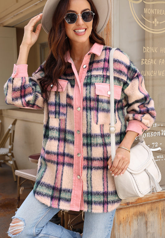 Fuzzy Plaid Corduroy Patchwork Shacket | Hanalas