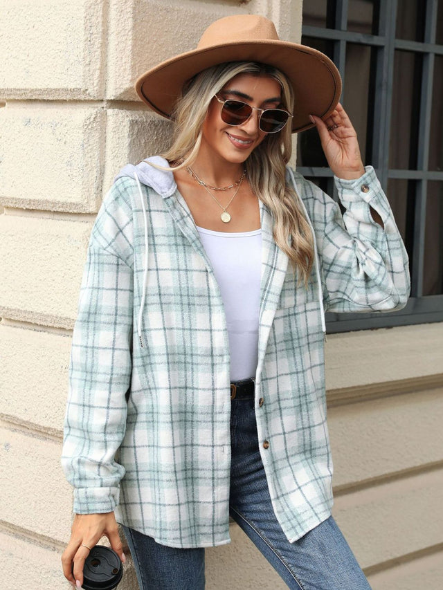 Drawstring Plaid Button Up Hooded Jacket Trendsi Hanalas