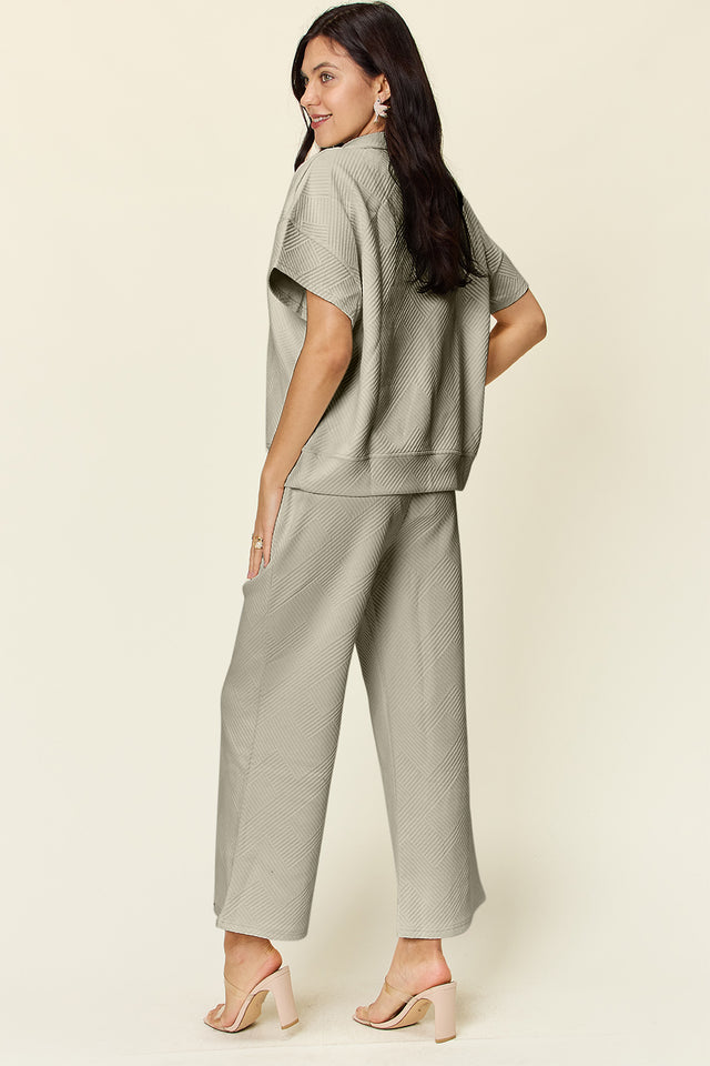 Double Take Full Size Texture Half Zip Short Sleeve Top and Pants Set | Hanalas