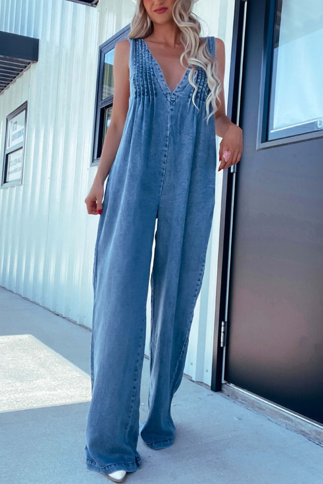 V-Neck Wide Leg Denim Jumpsuit | Hanalas