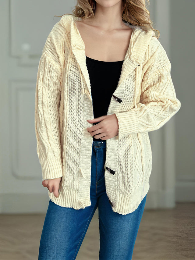 Cable-Knit Long Sleeve Hooded Cardigan Trendsi Hanalas