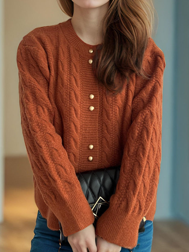 Cable-Knit Round Neck Long Sleeve Cardigan Trendsi Hanalas