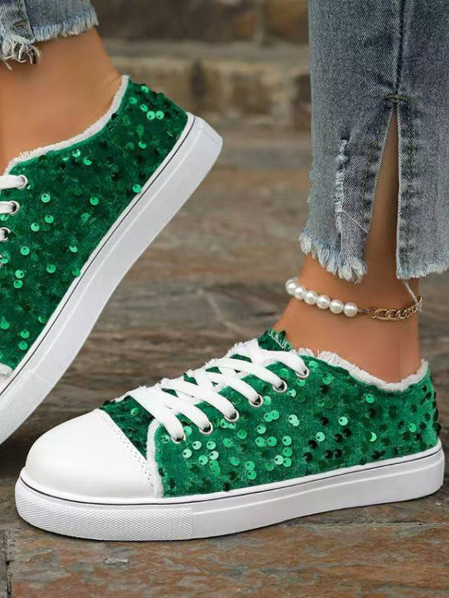 Sequin Round Toe Flat Sneakers | Hanalas