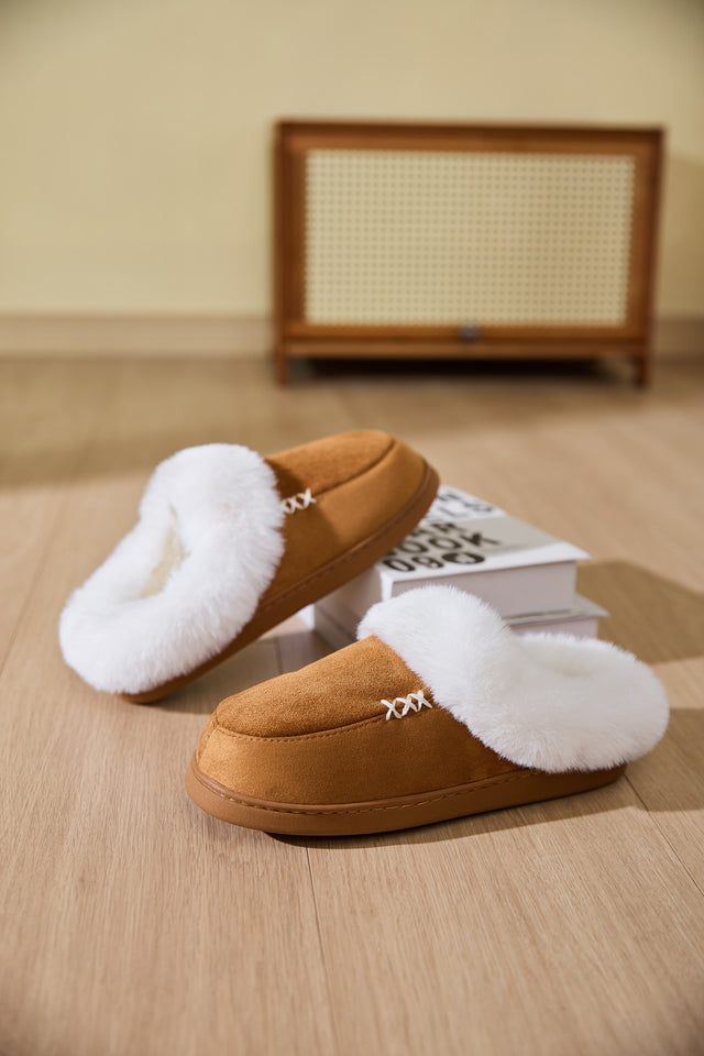 Fluff Trim Round Toe Flat Slippers | Hanalas