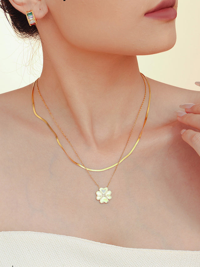 2 Piece 18K Gold-Plated Inlaid Zircon Lucky Clover Necklace | Hanalas