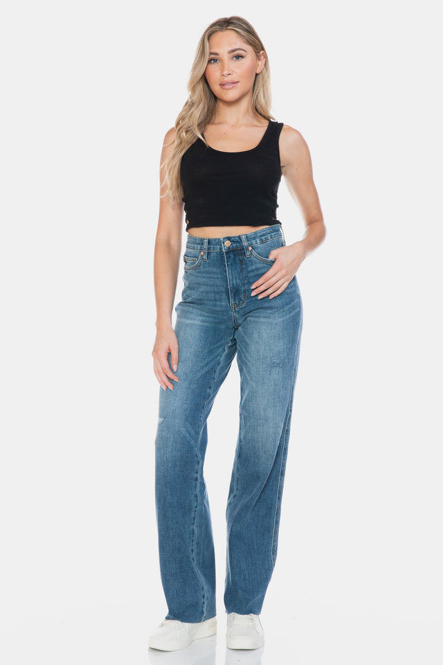 Judy Blue Full Size Tummy Control Cut Raw Hem Straight Jeans Trendsi Hanalas