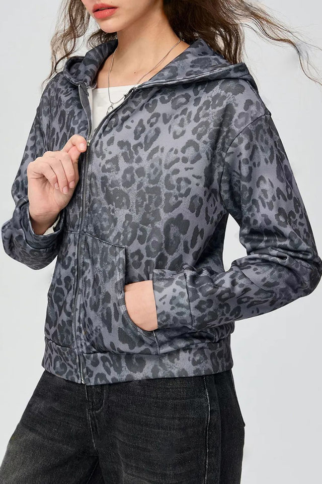 Pocketed Leopard Zip Up Hooded Jacket | Hanalas