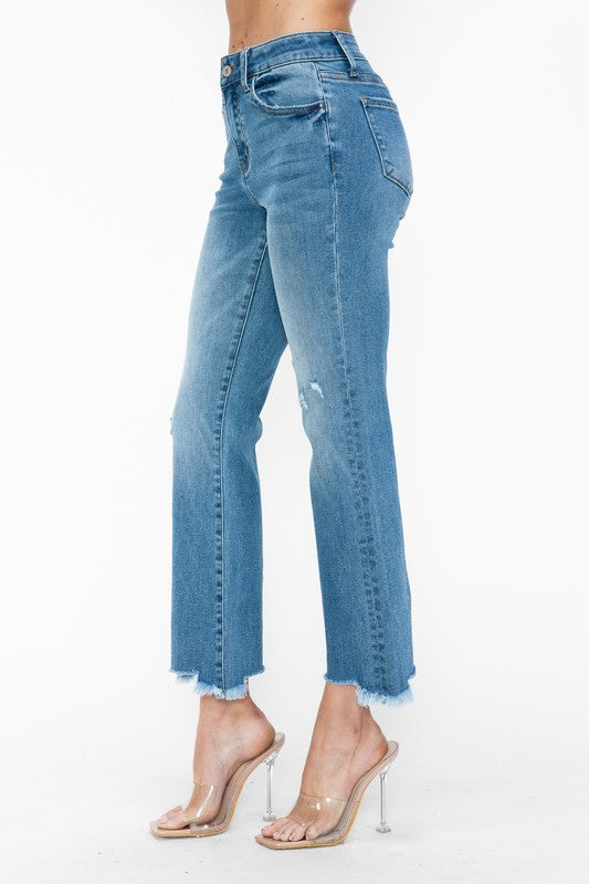 bytos Raw Hem Distressed Mid Rise Crop Jeans | Hanalas