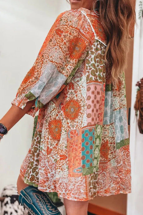 Tassel Printed Three-Quarter Sleeve Mini Dress Trendsi Hanalas