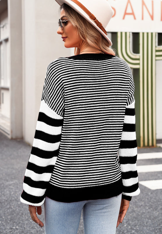 Striped Round Neck Dropped Shoulder Sweater | Hanalas