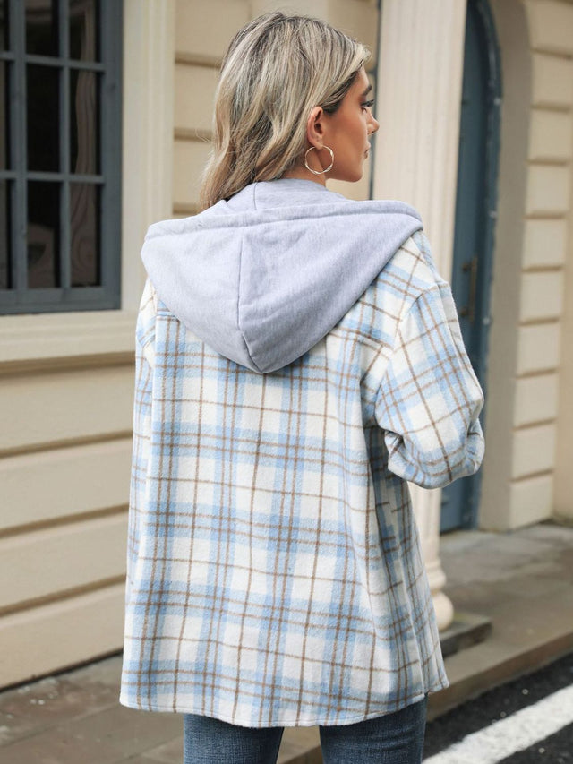 Drawstring Plaid Button Up Hooded Jacket Trendsi Hanalas