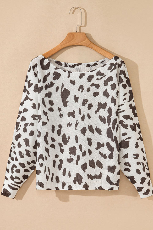 Leopard Boat Neck Long Sleeve Knit Top | Hanalas