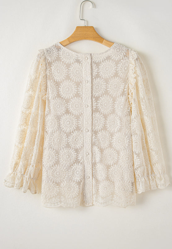 Flower Jacquard Flounce Sleeve Blouse | Hanalas