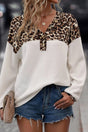 Waffle-Knit Leopard V-Neck Long Sleeve Blouse | Hanalas