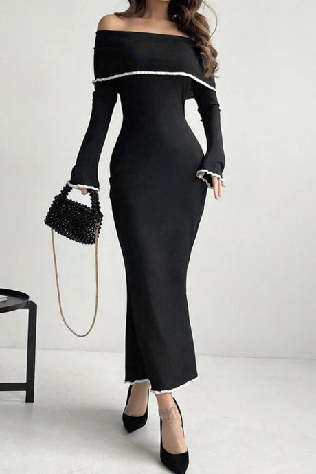 Contrast Trim Off-Shoulder Long Sleeve Maxi Sweater Dress | Hanalas