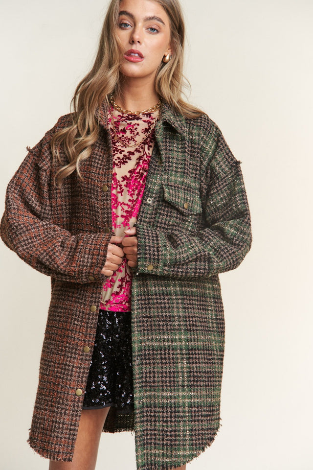 J.NNA Snap Down Tweed Plaid Contrast  Longline Shacket | Hanalas