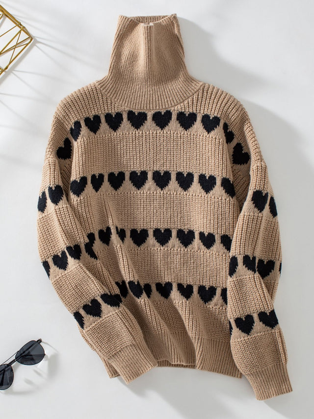 Heart Turtleneck Dropped Shoulder Sweater | Hanalas