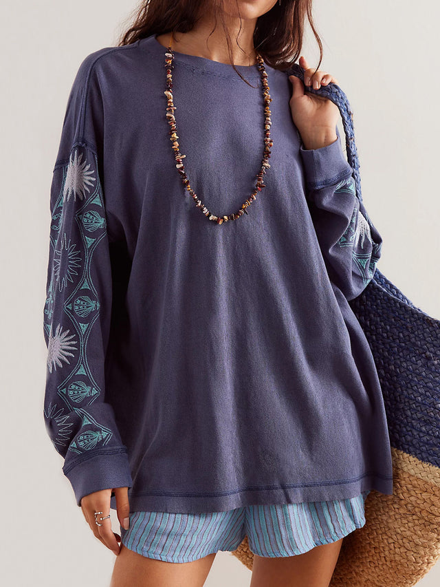 Embroidered Round Neck Long Sleeve Sweatshirt | Hanalas