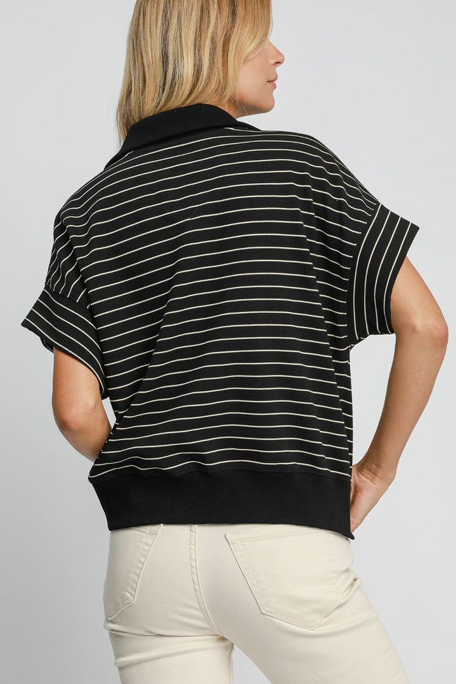 Umgee Striped Half Zip Short Sleeve Sweatshirt | Hanalas