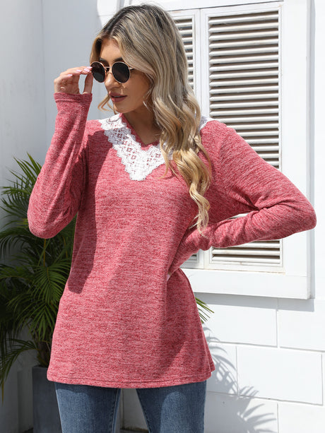 Lace Detail V-Neck Long Sleeve T-Shirt | Hanalas