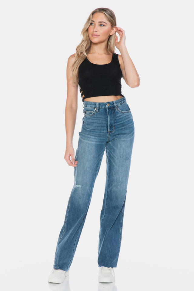 Judy Blue Full Size Tummy Control Cut Raw Hem Straight Jeans Trendsi Hanalas