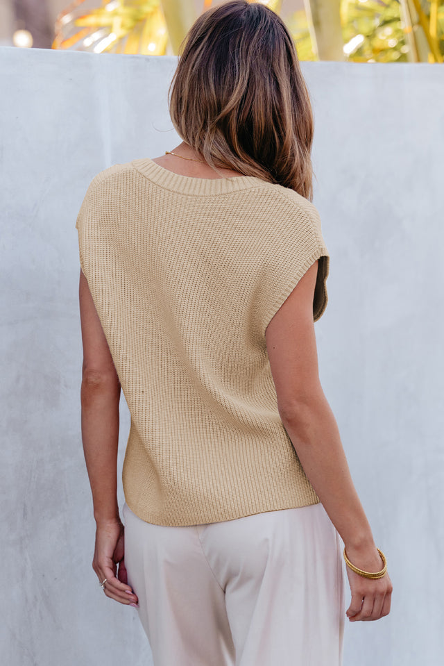 Pocketed V-Neck Cap Sleeve Sweater | Hanalas