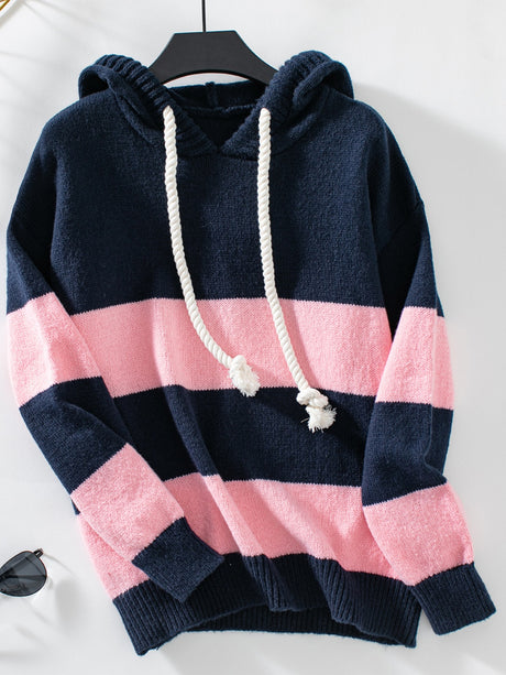 Drawstring Contrast Stripe Dropped Shoulder Hooded Sweater Trendsi Hanalas