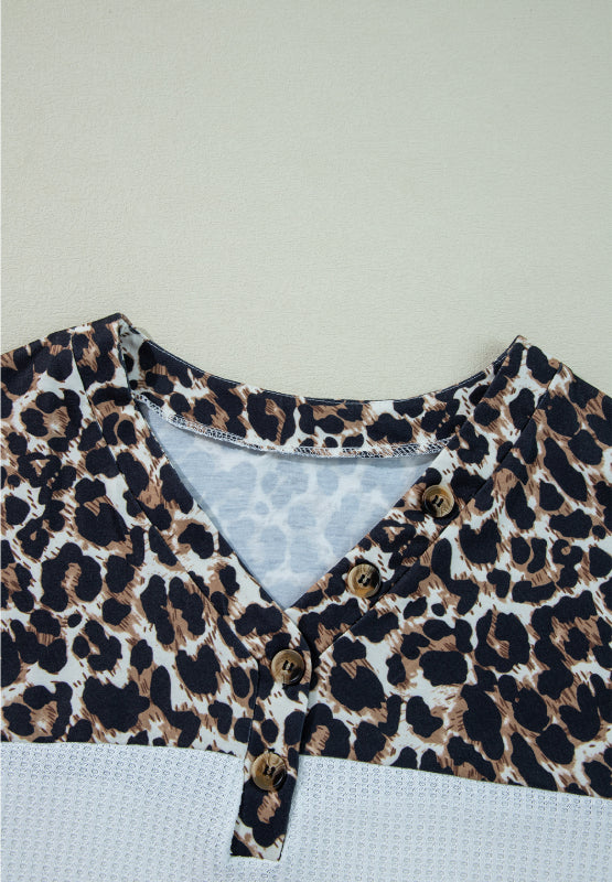 Waffle-Knit Leopard V-Neck Long Sleeve Blouse | Hanalas