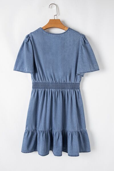 Ruffled Hem Smocked Flutter Sleeve Denim Mini Dress | Hanalas