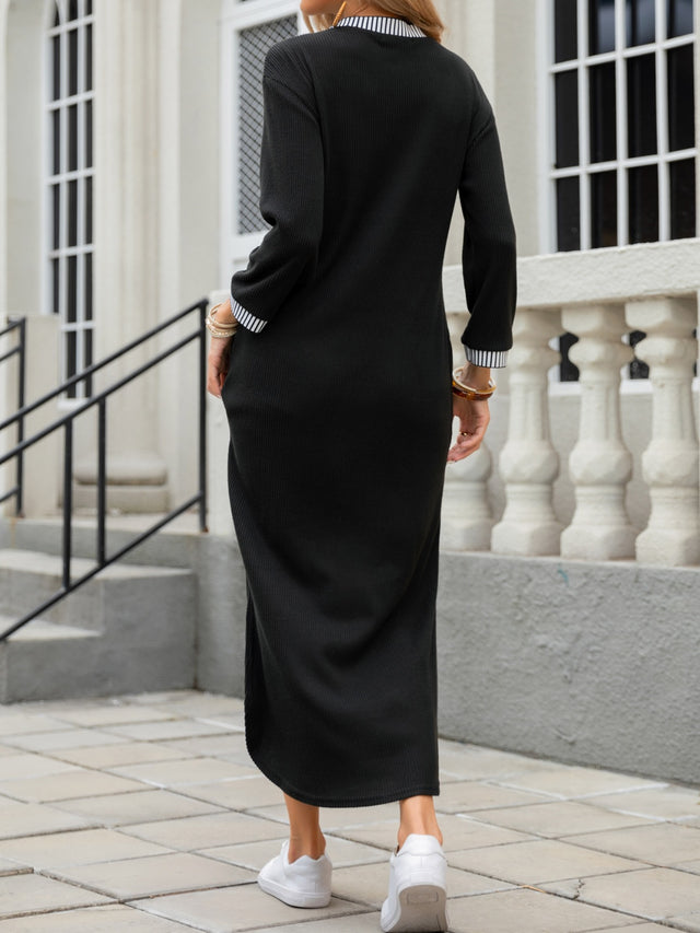 Slit V-Neck Long Sleeve Midi Dress Trendsi Hanalas