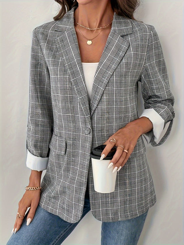 Single-Breasted Lapel Collar Plaid Blazer | Hanalas