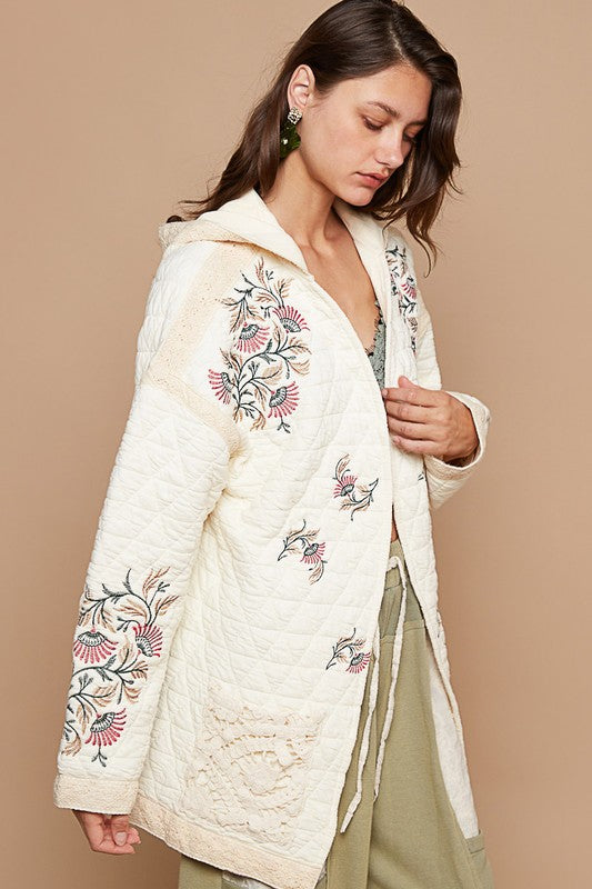 POL Embroidered Open Front Quilted Jacket with Crochet Pockets | Hanalas