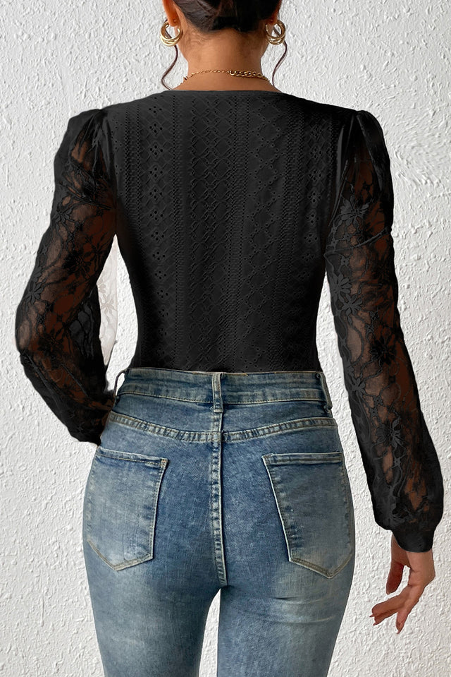 Eyelet Lace Long Sleeve Bodysuit | Hanalas