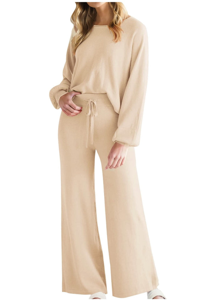 Round Neck Long Sleeve Top and Pants Set | Hanalas